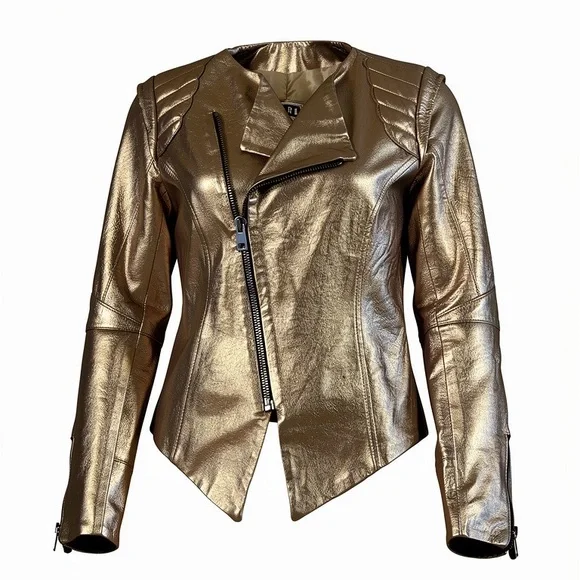 Gold Metallic Leather Motorcycle/ Biker Jacket From Italy